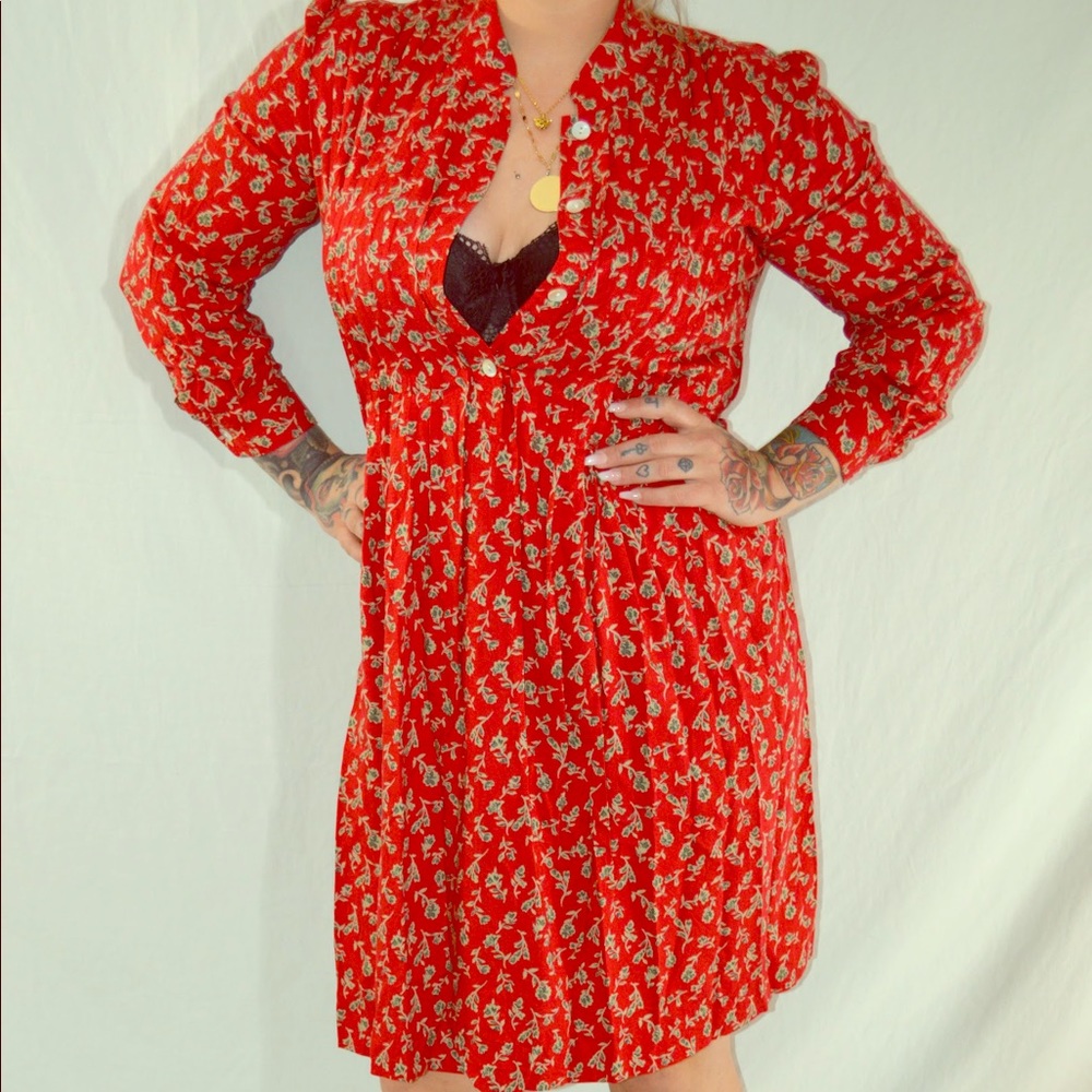 Red Floral Button Up Dress